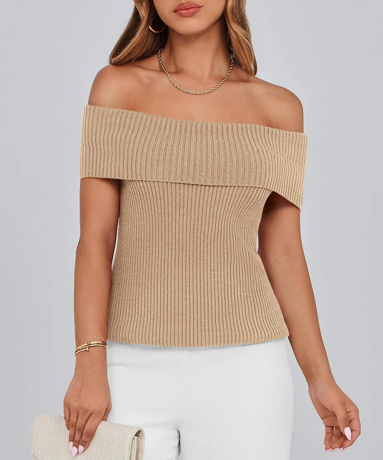 PRETTYGARDEN Women's 2025 Summer Off Shoulder Sweater Tops Ribbed Knit Short Sleeve Trendy Going Out Date Night Blouse