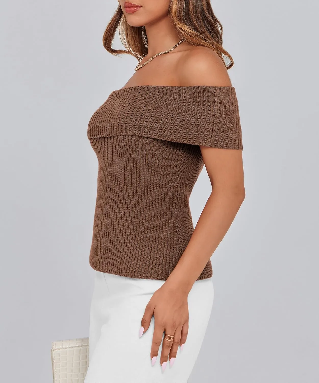 PRETTYGARDEN Women's 2025 Summer Off Shoulder Sweater Tops Ribbed Knit Short Sleeve Trendy Going Out Date Night Blouse