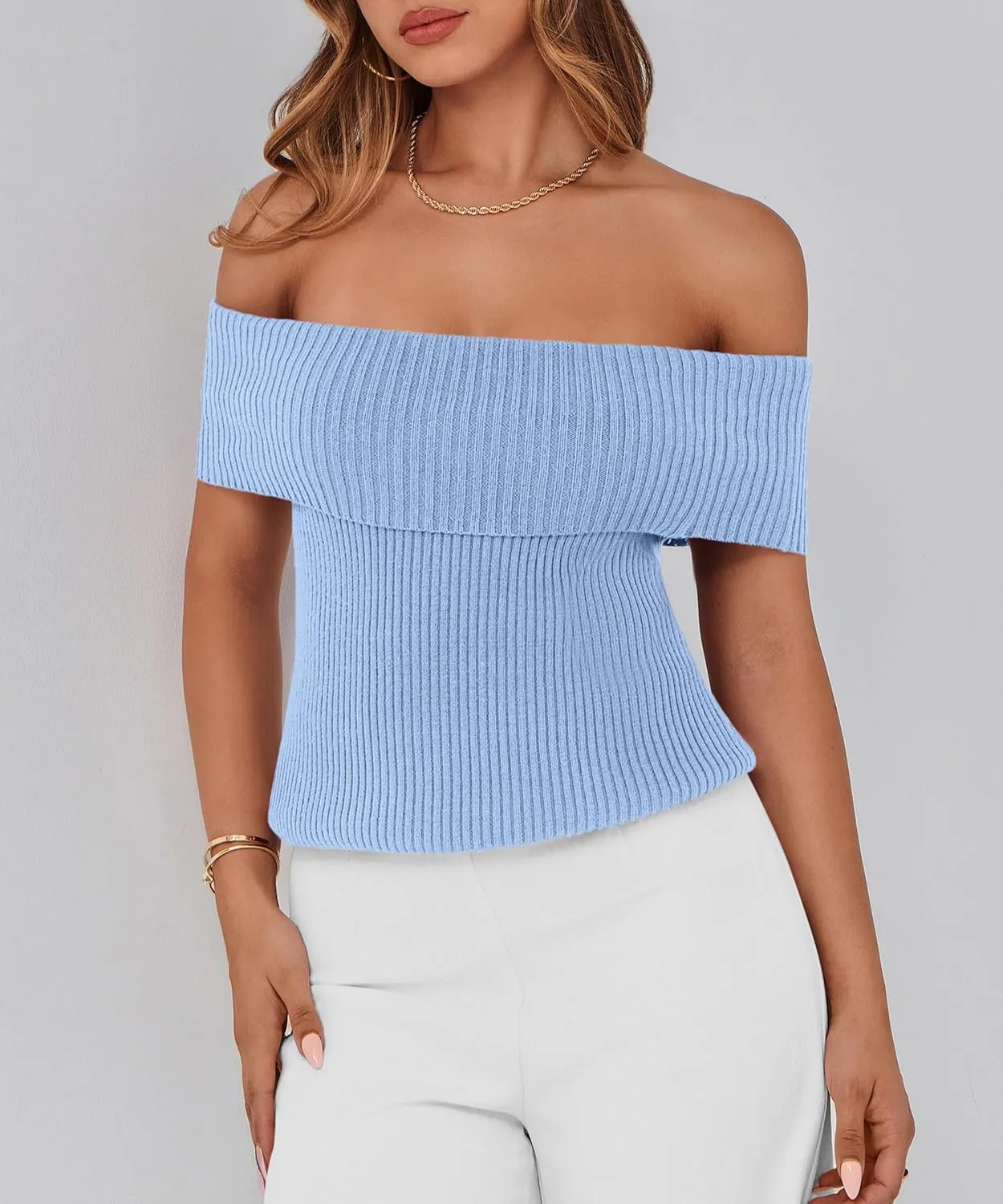 PRETTYGARDEN Women's 2025 Summer Off Shoulder Sweater Tops Ribbed Knit Short Sleeve Trendy Going Out Date Night Blouse