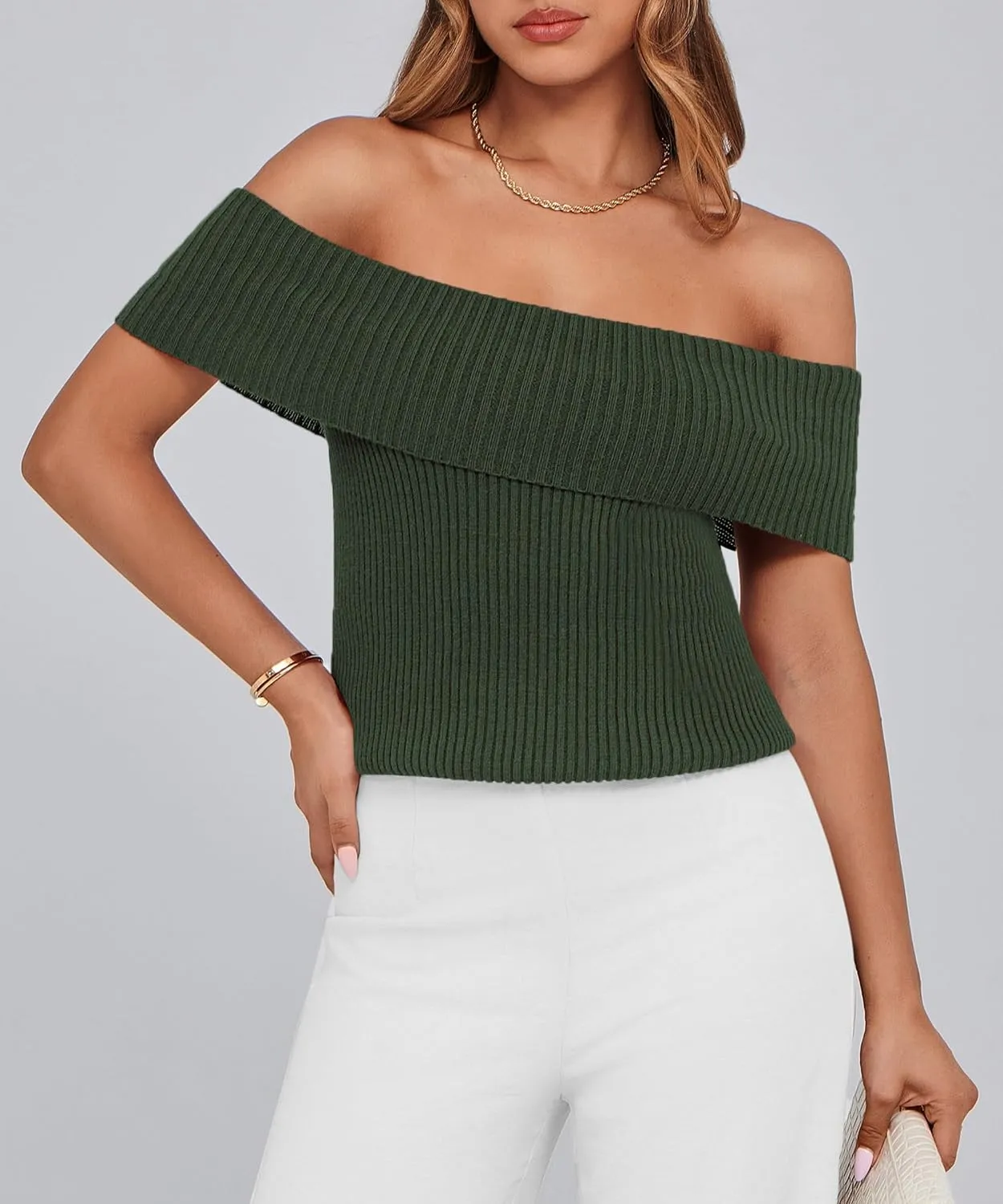 PRETTYGARDEN Women's 2025 Summer Off Shoulder Sweater Tops Ribbed Knit Short Sleeve Trendy Going Out Date Night Blouse