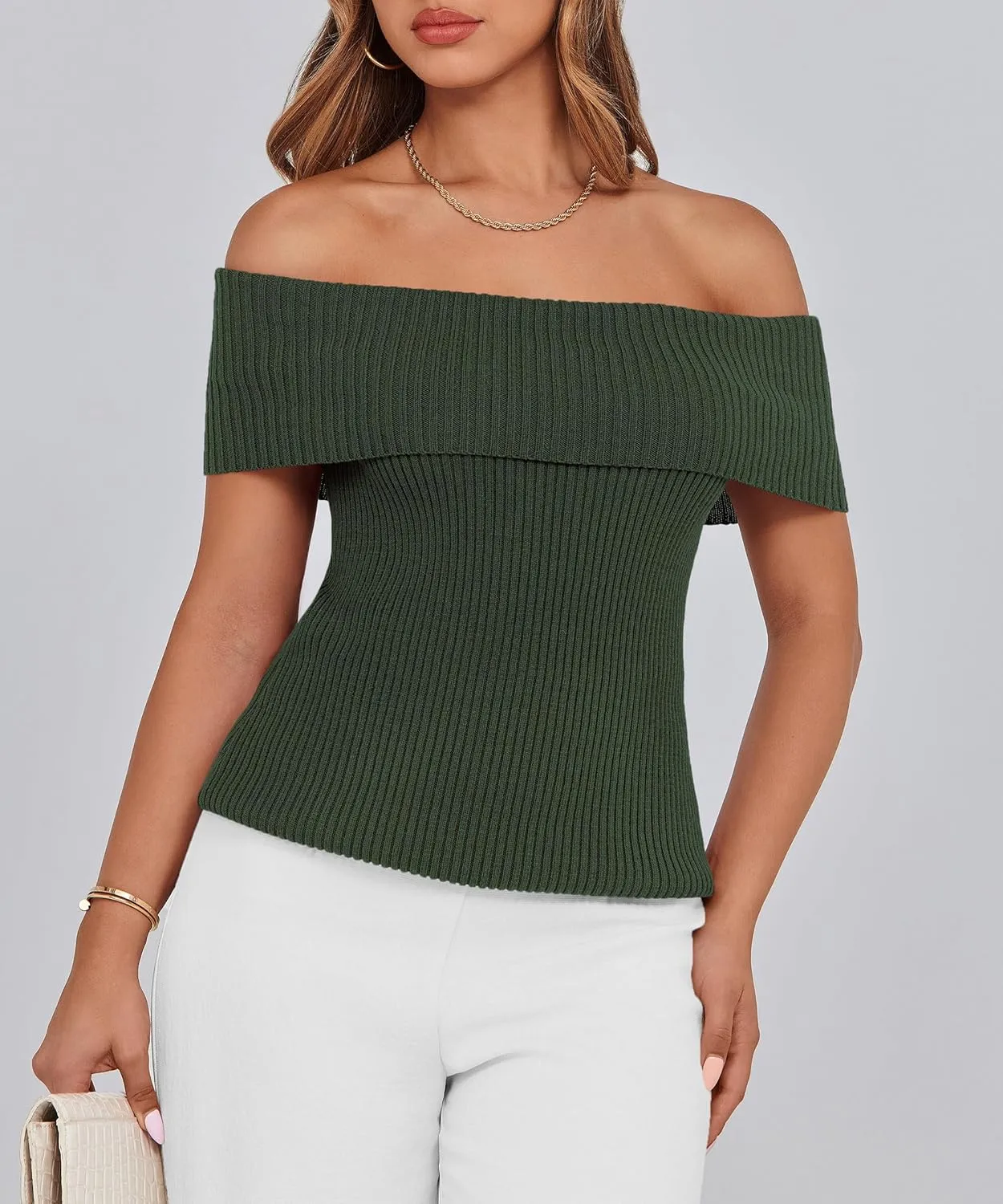 PRETTYGARDEN Women's 2025 Summer Off Shoulder Sweater Tops Ribbed Knit Short Sleeve Trendy Going Out Date Night Blouse