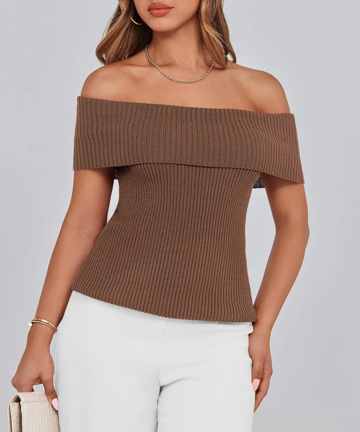 PRETTYGARDEN Women's 2025 Summer Off Shoulder Sweater Tops Ribbed Knit Short Sleeve Trendy Going Out Date Night Blouse