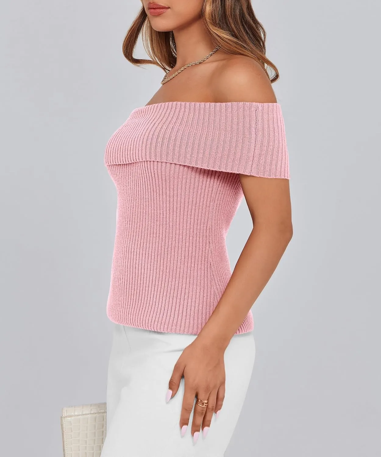 PRETTYGARDEN Women's 2025 Summer Off Shoulder Sweater Tops Ribbed Knit Short Sleeve Trendy Going Out Date Night Blouse