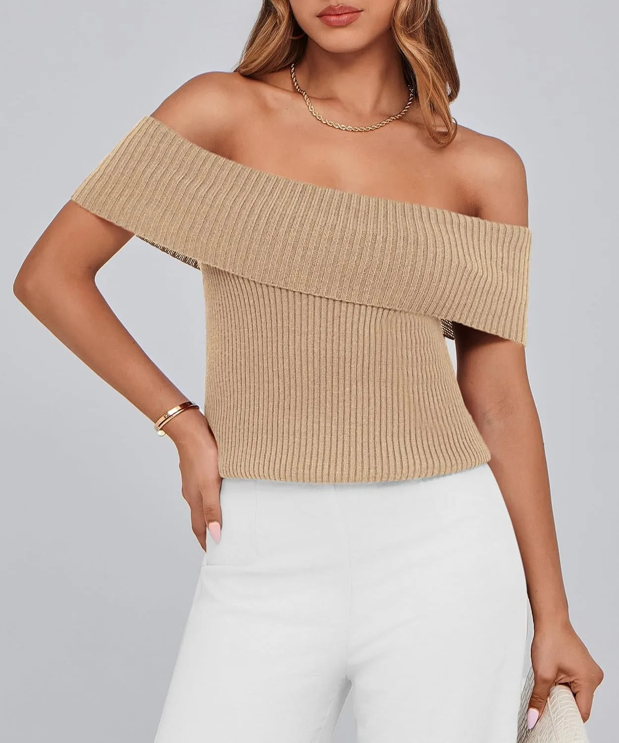 PRETTYGARDEN Women's 2025 Summer Off Shoulder Sweater Tops Ribbed Knit Short Sleeve Trendy Going Out Date Night Blouse