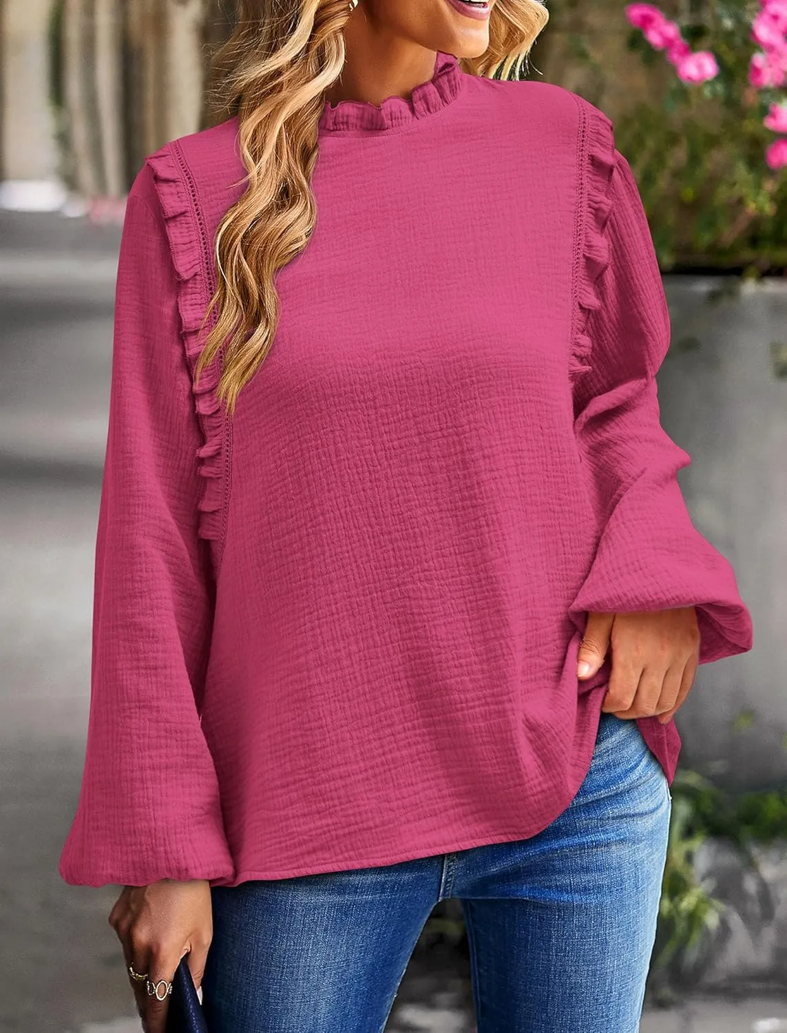 PRETTYGARDEN Women's Fall Fashion Blouse Dressy Casual Long Sleeve Crewneck Ruffle Loose Pullover Tops Shirt