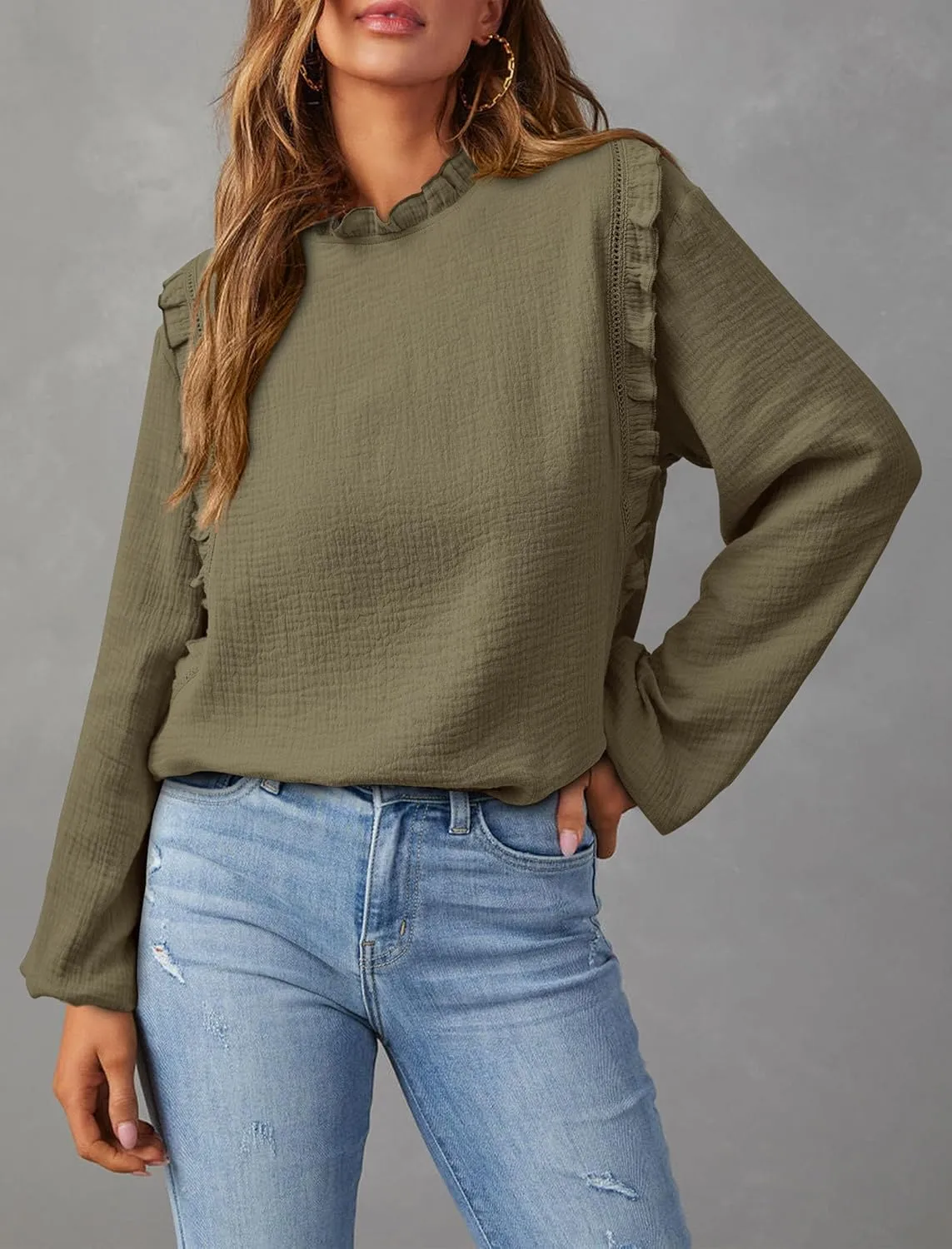 PRETTYGARDEN Women's Fall Fashion Blouse Dressy Casual Long Sleeve Crewneck Ruffle Loose Pullover Tops Shirt