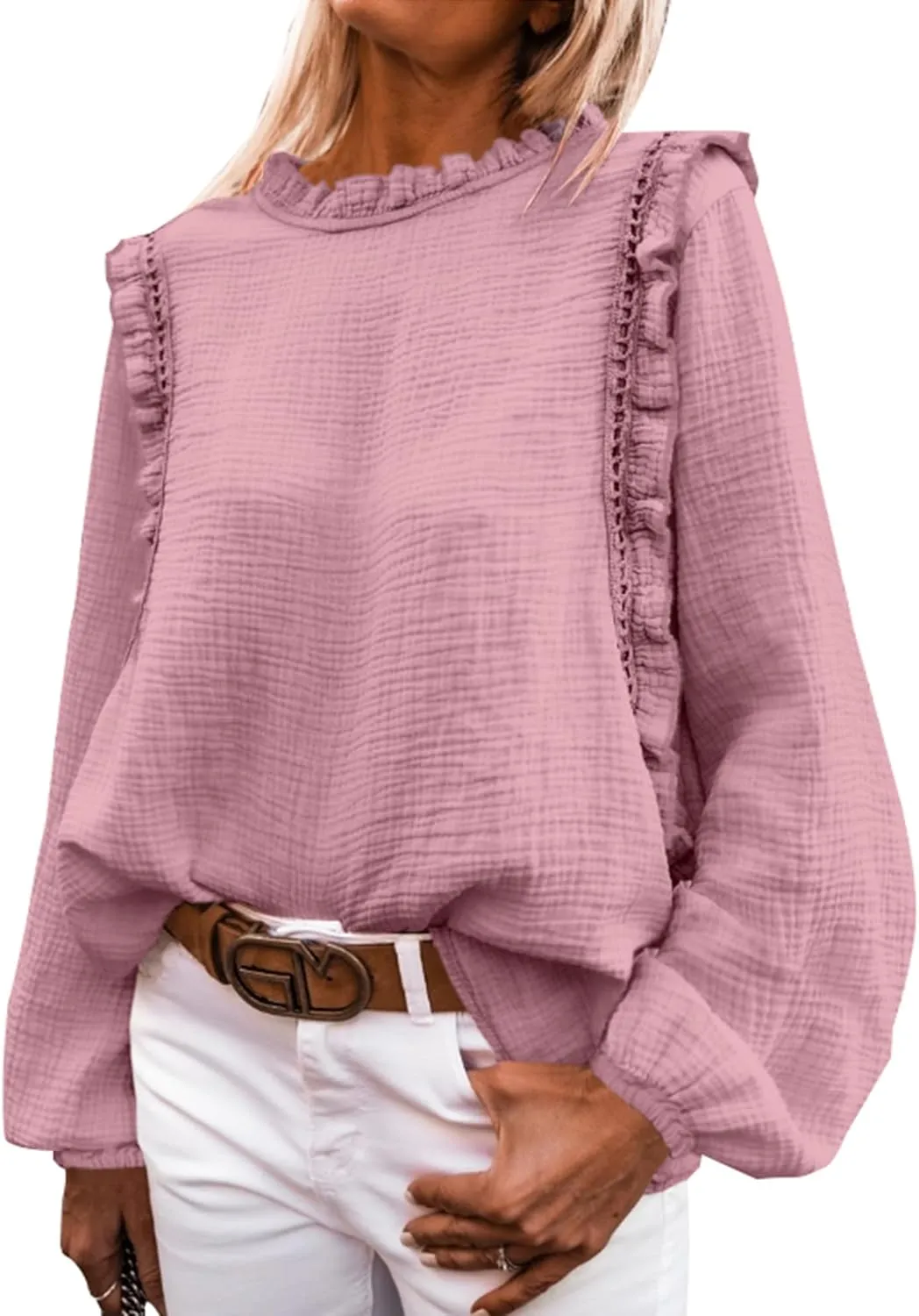 PRETTYGARDEN Women's Fall Fashion Blouse Dressy Casual Long Sleeve Crewneck Ruffle Loose Pullover Tops Shirt
