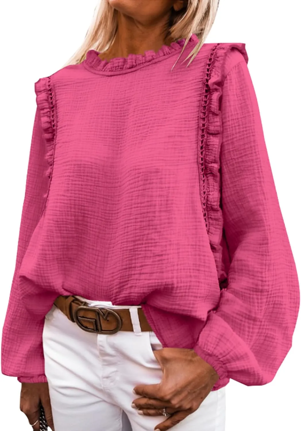 PRETTYGARDEN Women's Fall Fashion Blouse Dressy Casual Long Sleeve Crewneck Ruffle Loose Pullover Tops Shirt