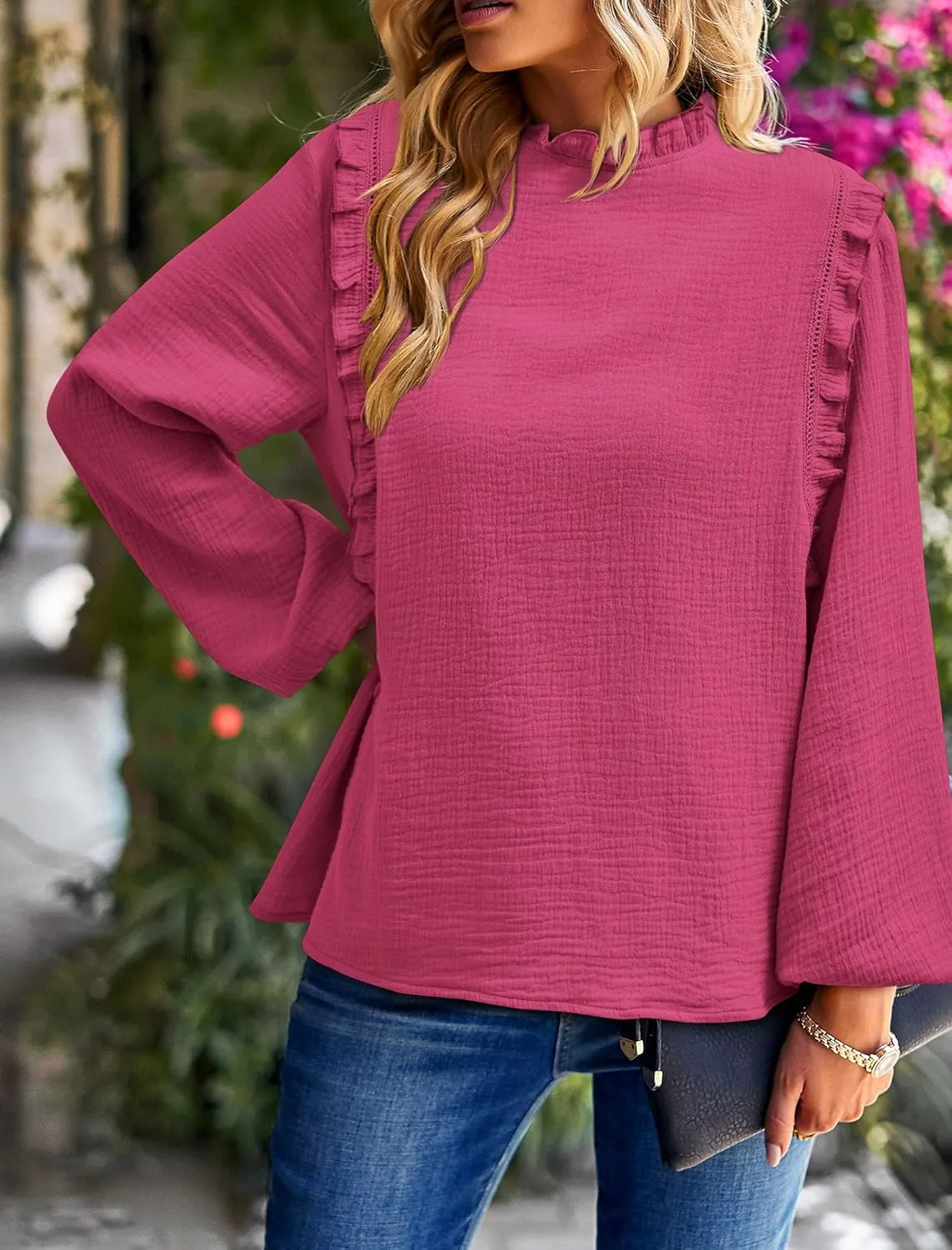 PRETTYGARDEN Women's Fall Fashion Blouse Dressy Casual Long Sleeve Crewneck Ruffle Loose Pullover Tops Shirt