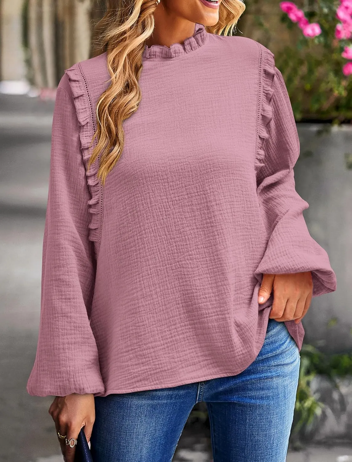 PRETTYGARDEN Women's Fall Fashion Blouse Dressy Casual Long Sleeve Crewneck Ruffle Loose Pullover Tops Shirt