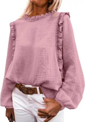 PRETTYGARDEN Women's Fall Fashion Blouse Dressy Casual Long Sleeve Crewneck Ruffle Loose Pullover Tops Shirt