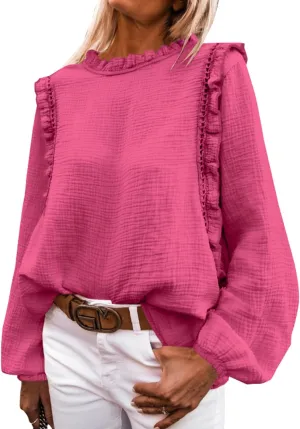 PRETTYGARDEN Women's Fall Fashion Blouse Dressy Casual Long Sleeve Crewneck Ruffle Loose Pullover Tops Shirt