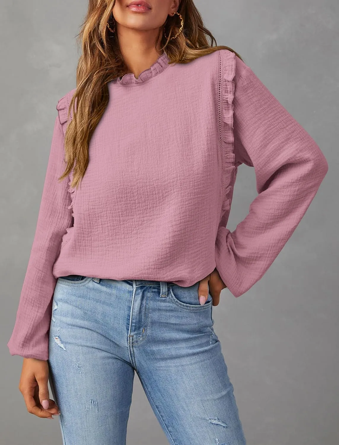 PRETTYGARDEN Women's Fall Fashion Blouse Dressy Casual Long Sleeve Crewneck Ruffle Loose Pullover Tops Shirt