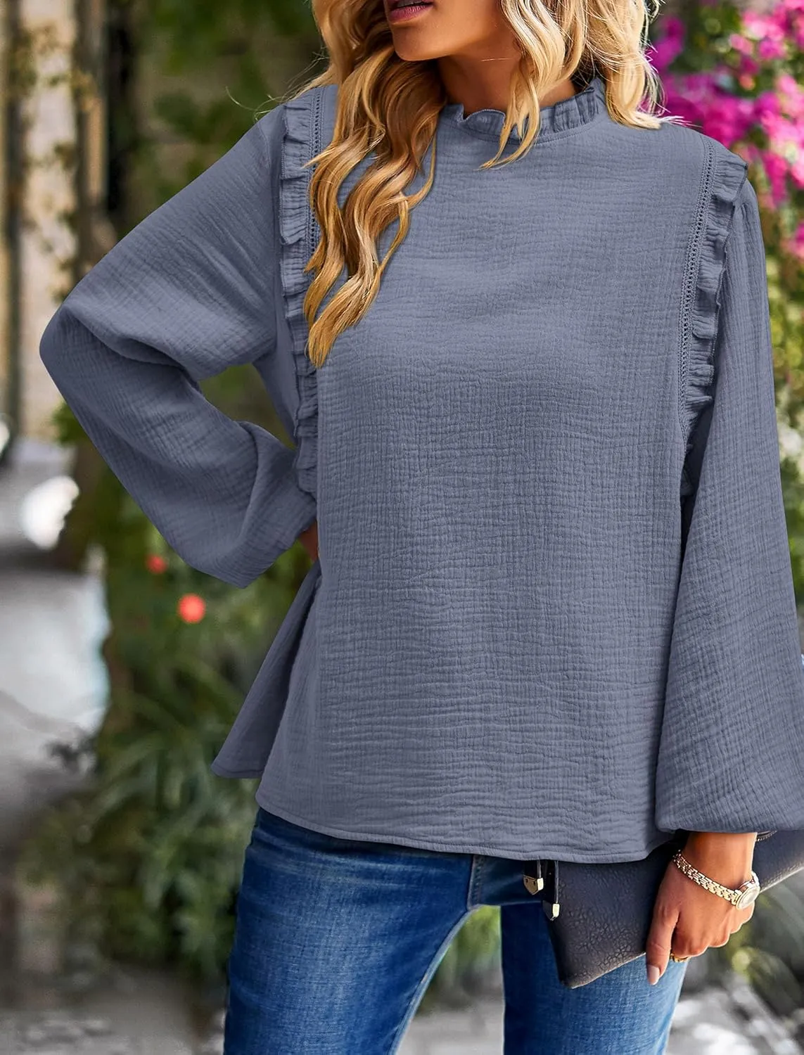 PRETTYGARDEN Women's Fall Fashion Blouse Dressy Casual Long Sleeve Crewneck Ruffle Loose Pullover Tops Shirt