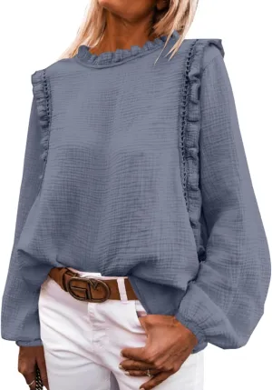PRETTYGARDEN Women's Fall Fashion Blouse Dressy Casual Long Sleeve Crewneck Ruffle Loose Pullover Tops Shirt