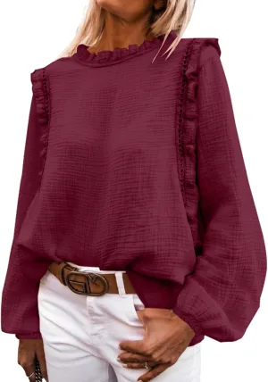 PRETTYGARDEN Women's Fall Fashion Blouse Dressy Casual Long Sleeve Crewneck Ruffle Loose Pullover Tops Shirt