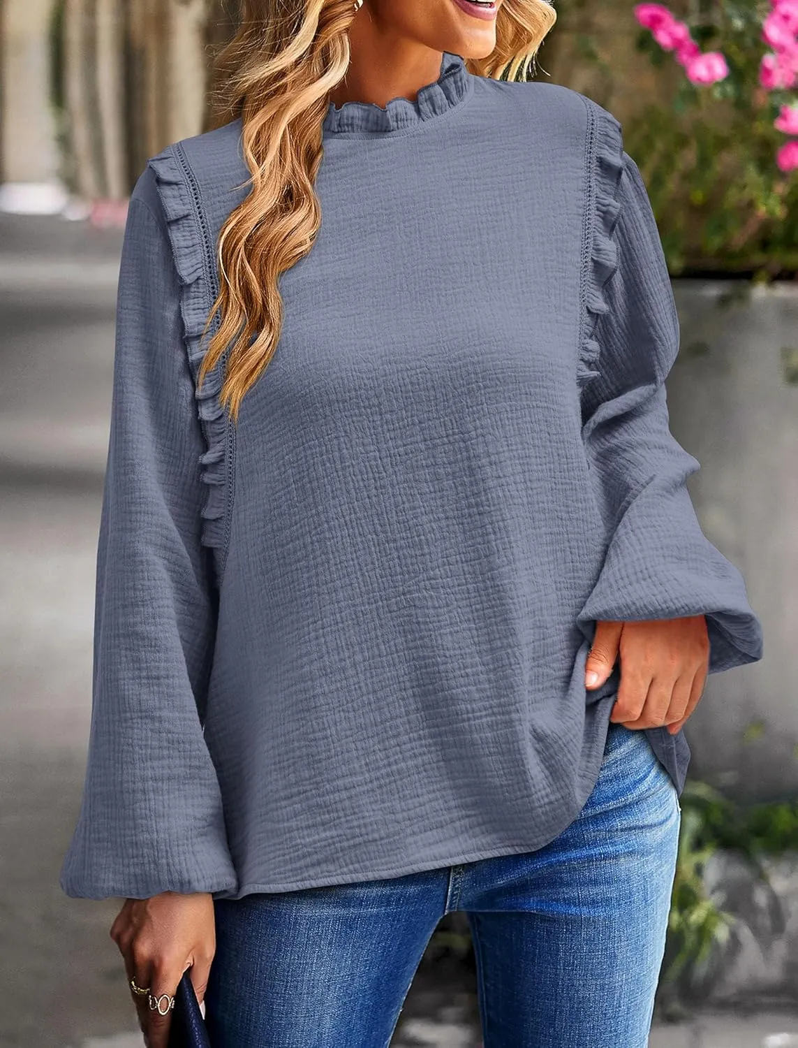 PRETTYGARDEN Women's Fall Fashion Blouse Dressy Casual Long Sleeve Crewneck Ruffle Loose Pullover Tops Shirt