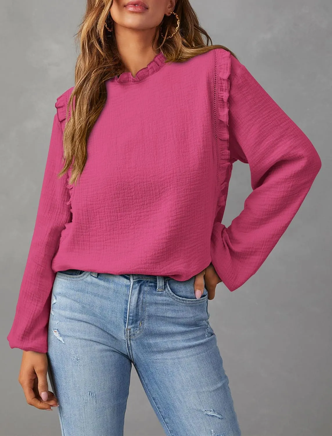 PRETTYGARDEN Women's Fall Fashion Blouse Dressy Casual Long Sleeve Crewneck Ruffle Loose Pullover Tops Shirt