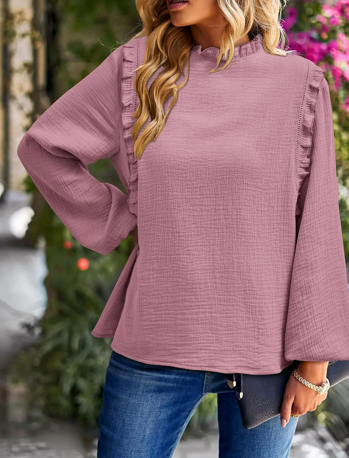 PRETTYGARDEN Women's Fall Fashion Blouse Dressy Casual Long Sleeve Crewneck Ruffle Loose Pullover Tops Shirt