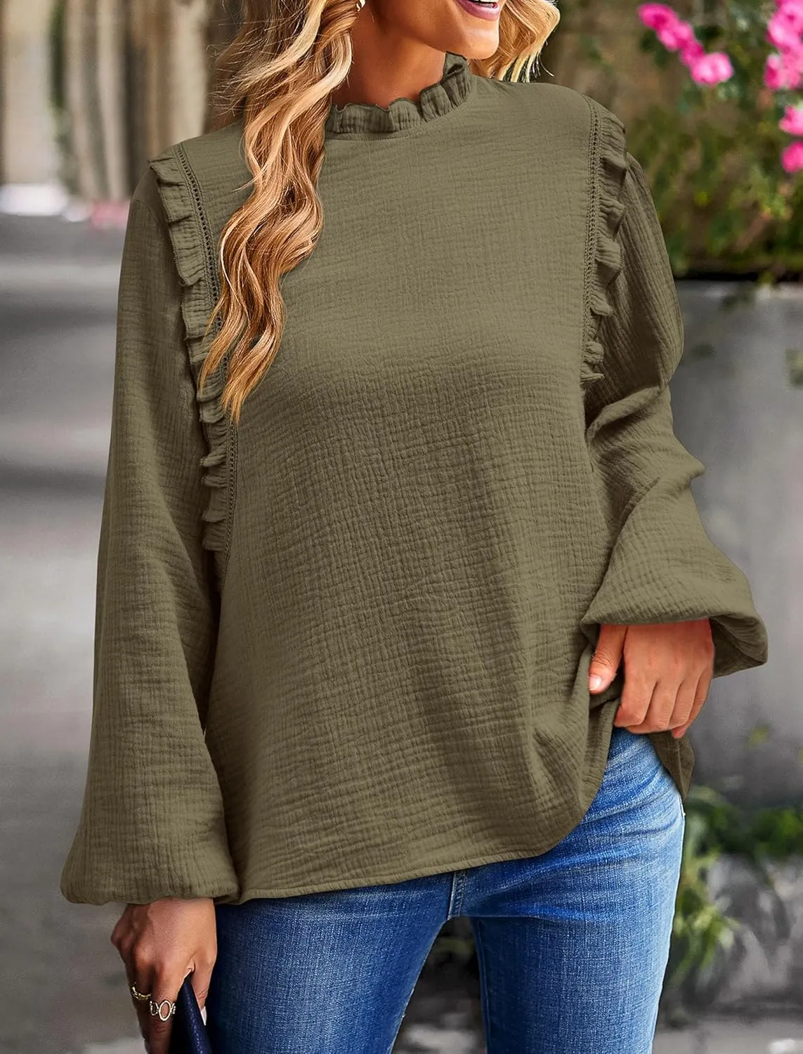 PRETTYGARDEN Women's Fall Fashion Blouse Dressy Casual Long Sleeve Crewneck Ruffle Loose Pullover Tops Shirt