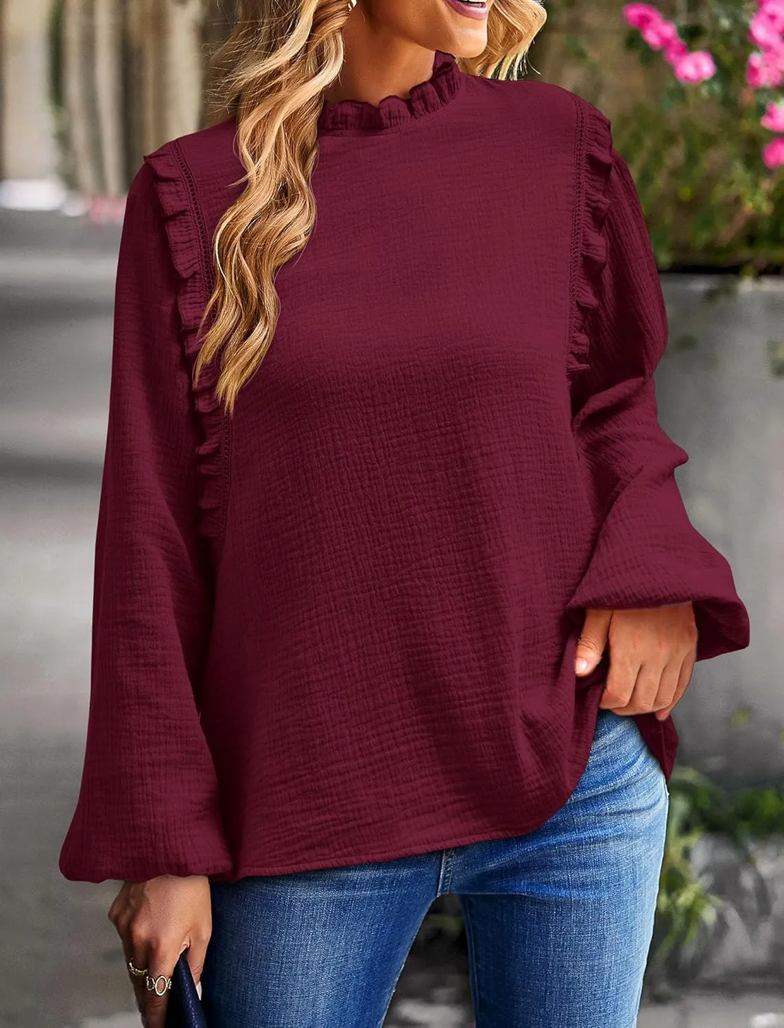 PRETTYGARDEN Women's Fall Fashion Blouse Dressy Casual Long Sleeve Crewneck Ruffle Loose Pullover Tops Shirt
