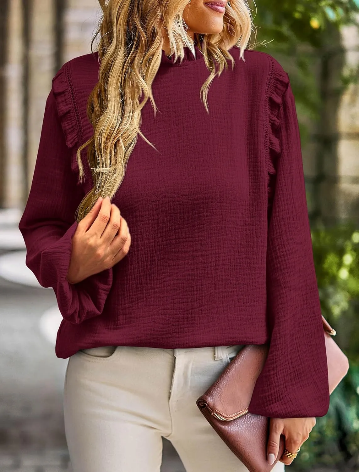PRETTYGARDEN Women's Fall Fashion Blouse Dressy Casual Long Sleeve Crewneck Ruffle Loose Pullover Tops Shirt