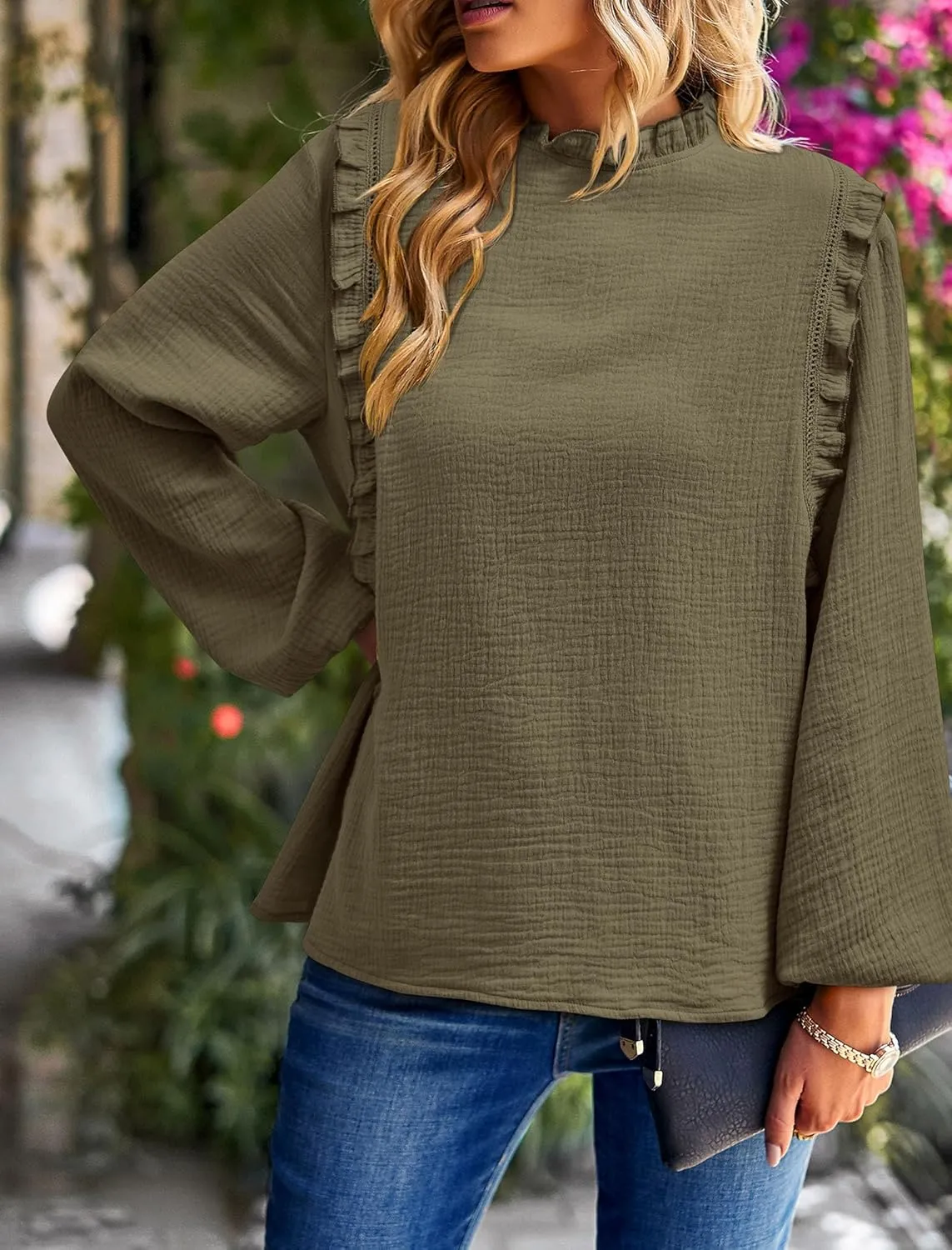 PRETTYGARDEN Women's Fall Fashion Blouse Dressy Casual Long Sleeve Crewneck Ruffle Loose Pullover Tops Shirt