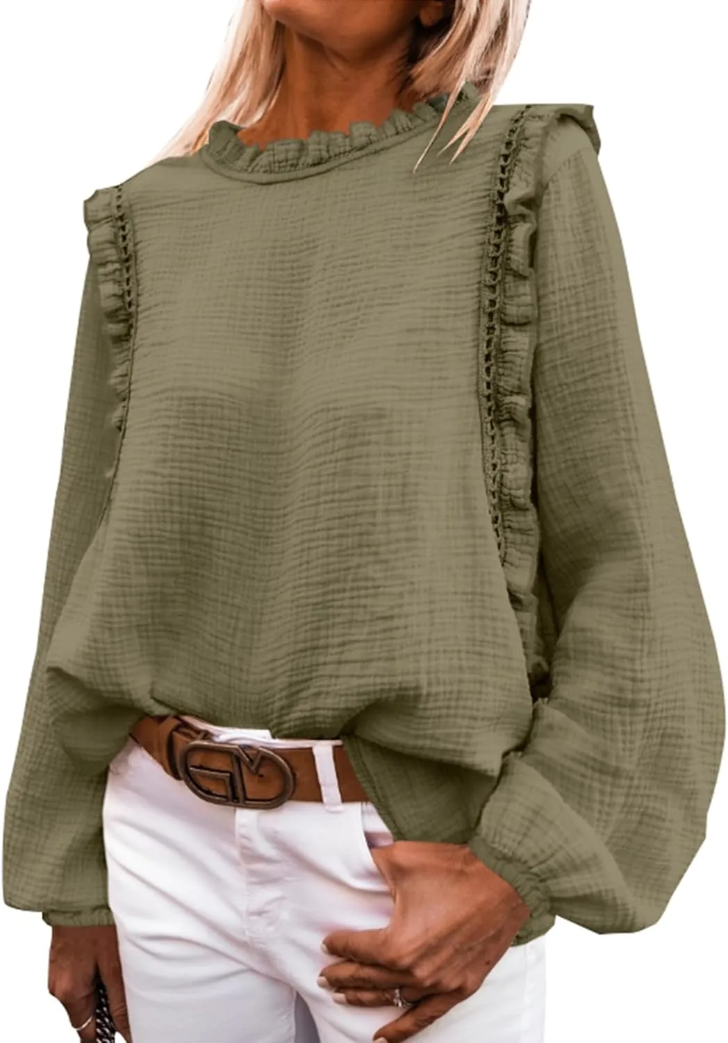 PRETTYGARDEN Women's Fall Fashion Blouse Dressy Casual Long Sleeve Crewneck Ruffle Loose Pullover Tops Shirt