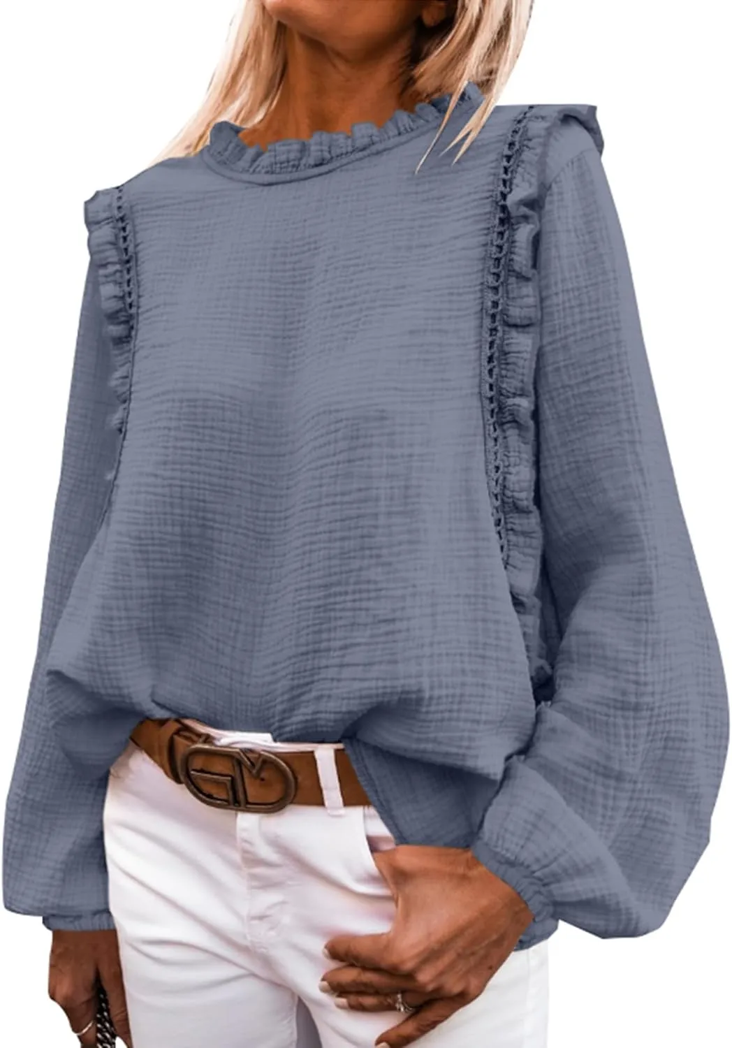 PRETTYGARDEN Women's Fall Fashion Blouse Dressy Casual Long Sleeve Crewneck Ruffle Loose Pullover Tops Shirt