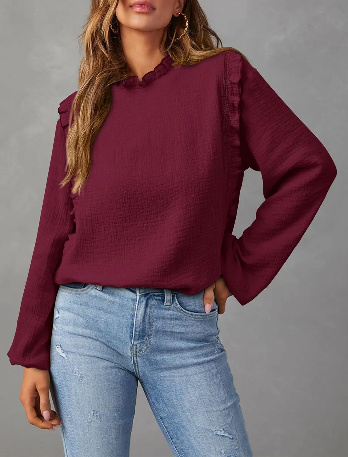 PRETTYGARDEN Women's Fall Fashion Blouse Dressy Casual Long Sleeve Crewneck Ruffle Loose Pullover Tops Shirt