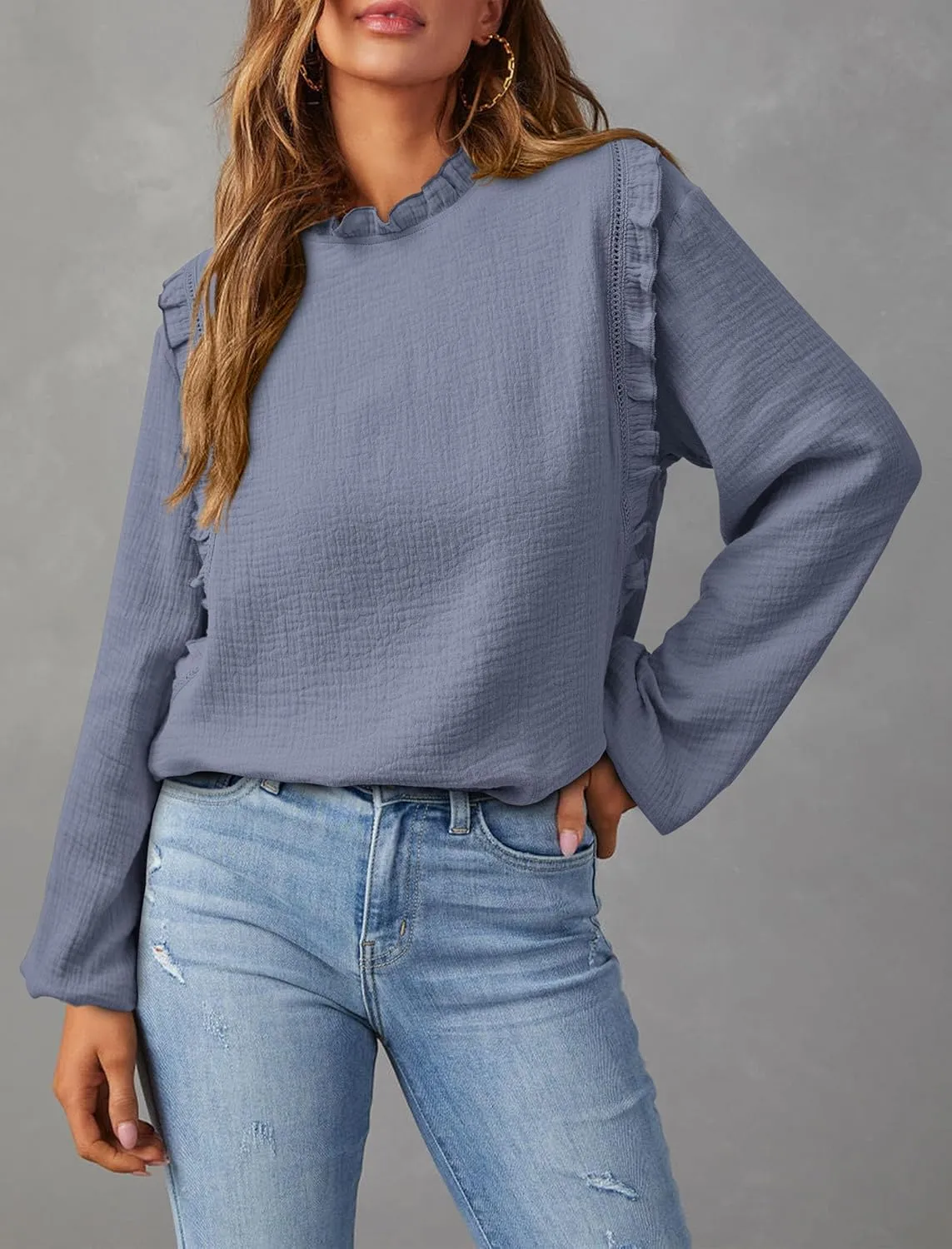 PRETTYGARDEN Women's Fall Fashion Blouse Dressy Casual Long Sleeve Crewneck Ruffle Loose Pullover Tops Shirt