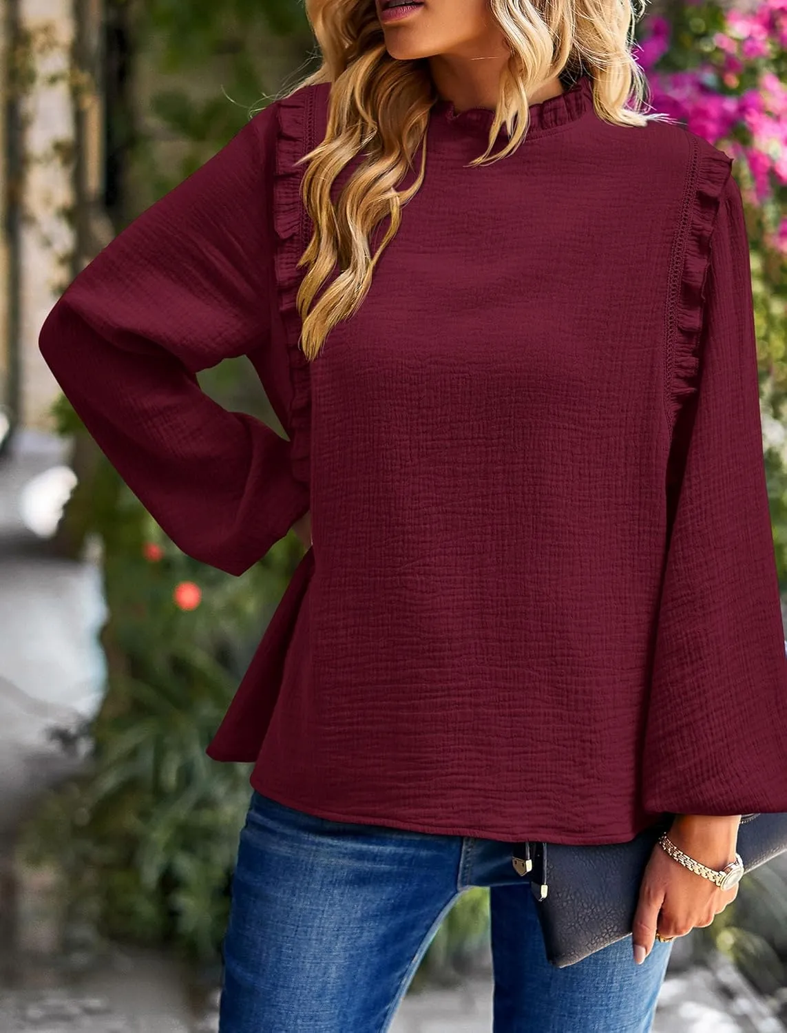 PRETTYGARDEN Women's Fall Fashion Blouse Dressy Casual Long Sleeve Crewneck Ruffle Loose Pullover Tops Shirt