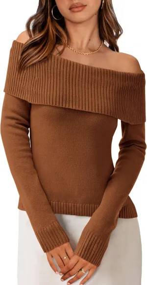 PRETTYGARDEN Women's Fall Off Shoulder Sweaters Y2K Long Sleeve Ribbed Knit Fitted Pullover Winter Date Night Tops Blouse