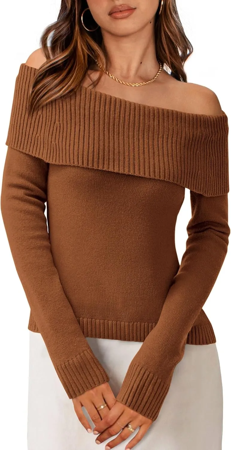 PRETTYGARDEN Women's Fall Off Shoulder Sweaters Y2K Long Sleeve Ribbed Knit Fitted Pullover Winter Date Night Tops Blouse