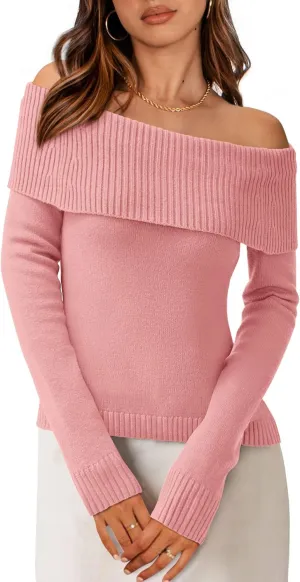 PRETTYGARDEN Women's Fall Off Shoulder Sweaters Y2K Long Sleeve Ribbed Knit Fitted Pullover Winter Date Night Tops Blouse