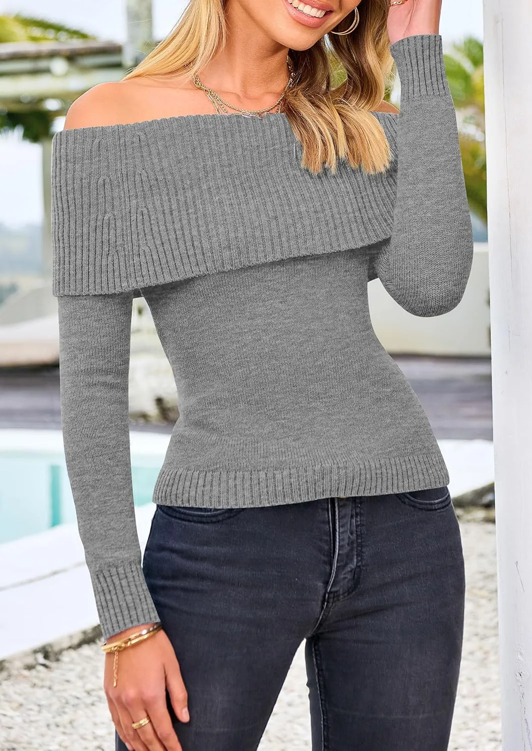 PRETTYGARDEN Women's Fall Off Shoulder Sweaters Y2K Long Sleeve Ribbed Knit Fitted Pullover Winter Date Night Tops Blouse