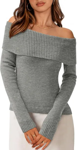 PRETTYGARDEN Women's Fall Off Shoulder Sweaters Y2K Long Sleeve Ribbed Knit Fitted Pullover Winter Date Night Tops Blouse