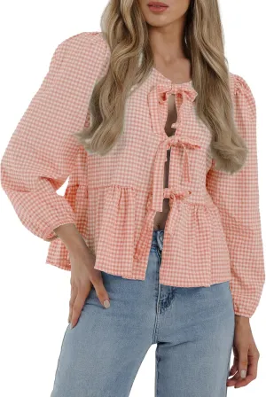 PRETTYGARDEN Women's Spring Fall Babydoll Peplum Blouse Shirt Puff Long Sleeve Bow Tie Front Trendy Cute Y2K Going Out Tops