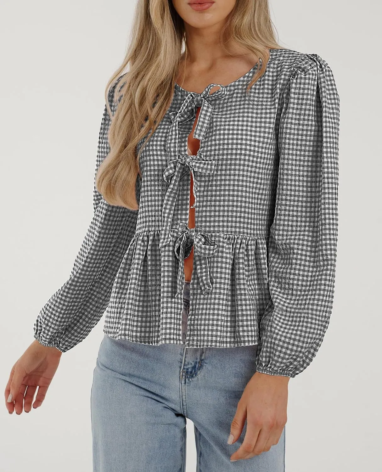 PRETTYGARDEN Women's Spring Fall Babydoll Peplum Blouse Shirt Puff Long Sleeve Bow Tie Front Trendy Cute Y2K Going Out Tops