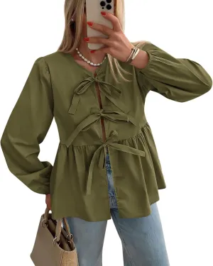 PRETTYGARDEN Women's Spring Fall Babydoll Peplum Blouse Shirt Puff Long Sleeve Bow Tie Front Trendy Cute Y2K Going Out Tops