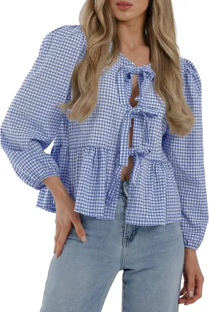 PRETTYGARDEN Women's Spring Fall Babydoll Peplum Blouse Shirt Puff Long Sleeve Bow Tie Front Trendy Cute Y2K Going Out Tops