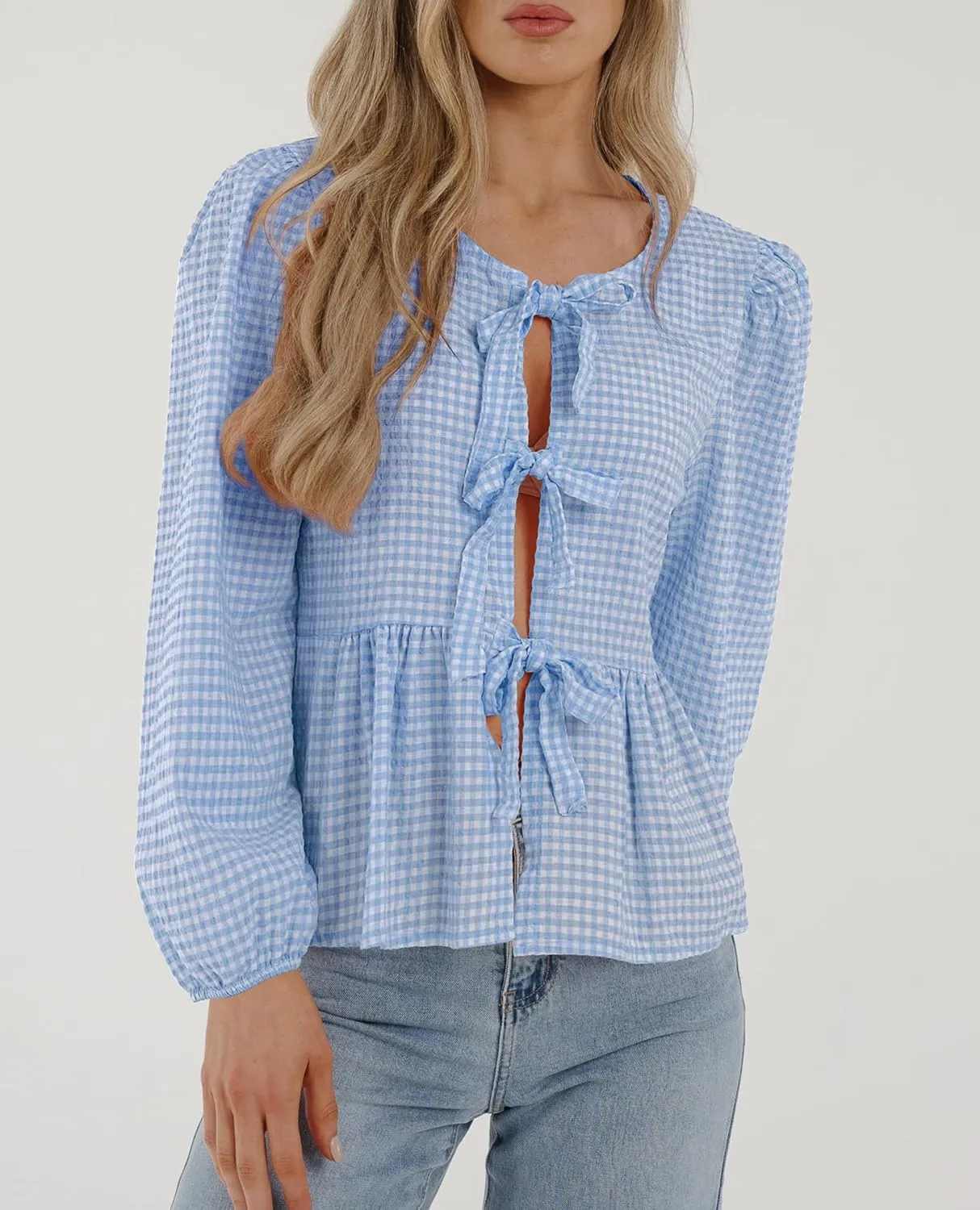 PRETTYGARDEN Women's Spring Fall Babydoll Peplum Blouse Shirt Puff Long Sleeve Bow Tie Front Trendy Cute Y2K Going Out Tops
