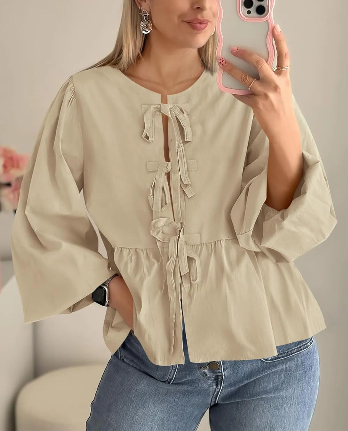 PRETTYGARDEN Women's Spring Fall Babydoll Peplum Blouse Shirt Puff Long Sleeve Bow Tie Front Trendy Cute Y2K Going Out Tops