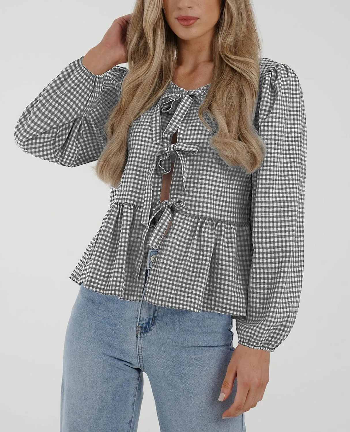 PRETTYGARDEN Women's Spring Fall Babydoll Peplum Blouse Shirt Puff Long Sleeve Bow Tie Front Trendy Cute Y2K Going Out Tops