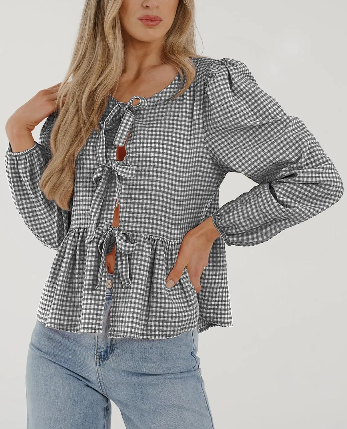PRETTYGARDEN Women's Spring Fall Babydoll Peplum Blouse Shirt Puff Long Sleeve Bow Tie Front Trendy Cute Y2K Going Out Tops