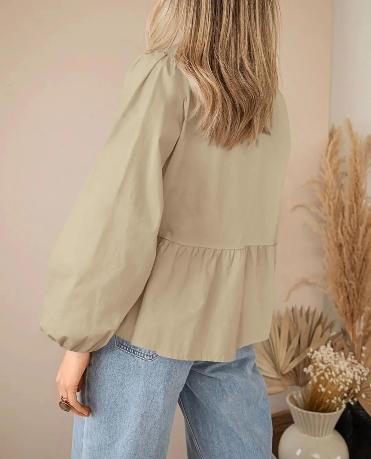 PRETTYGARDEN Women's Spring Fall Babydoll Peplum Blouse Shirt Puff Long Sleeve Bow Tie Front Trendy Cute Y2K Going Out Tops