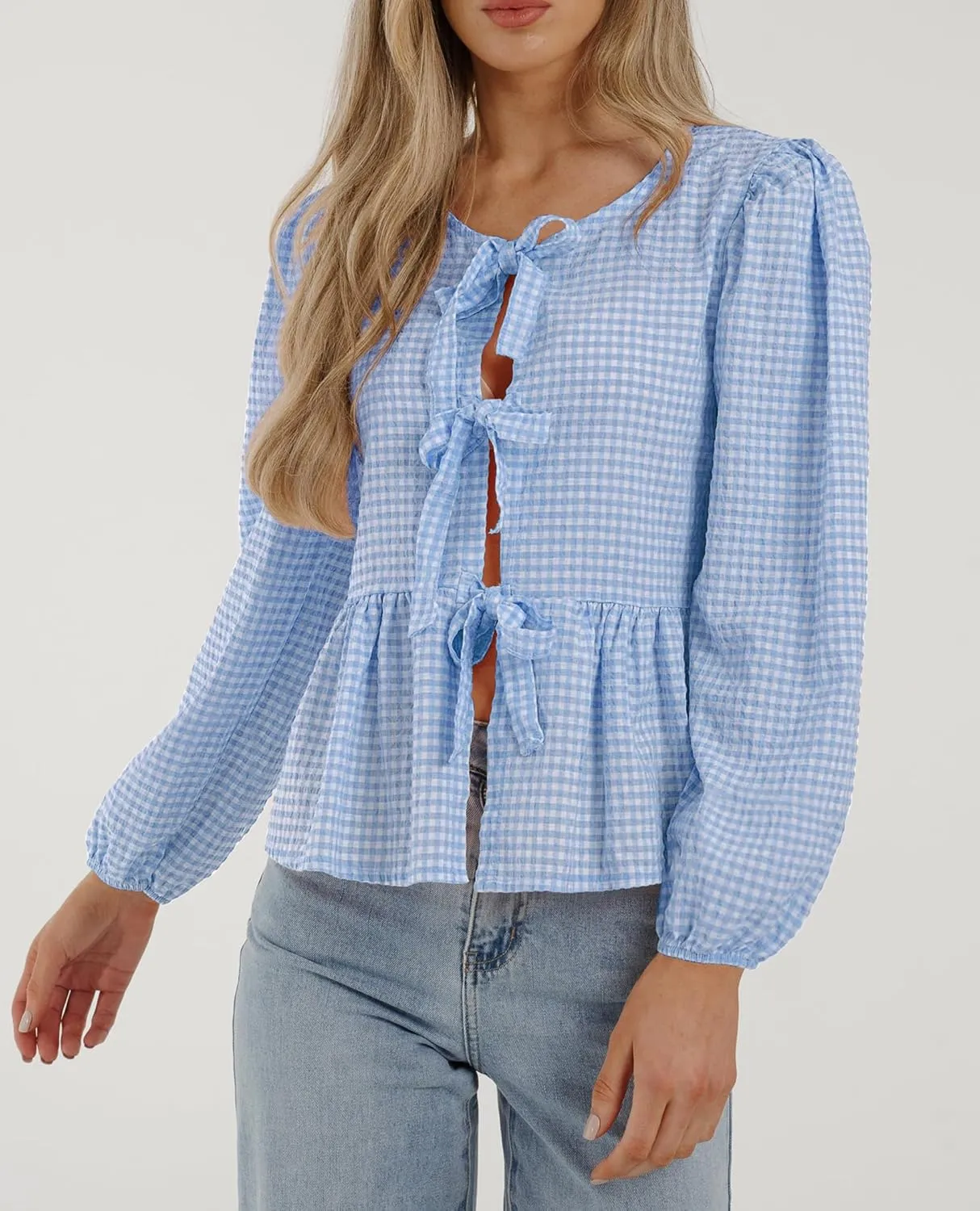 PRETTYGARDEN Women's Spring Fall Babydoll Peplum Blouse Shirt Puff Long Sleeve Bow Tie Front Trendy Cute Y2K Going Out Tops