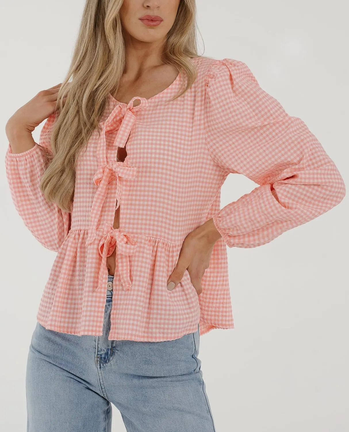 PRETTYGARDEN Women's Spring Fall Babydoll Peplum Blouse Shirt Puff Long Sleeve Bow Tie Front Trendy Cute Y2K Going Out Tops