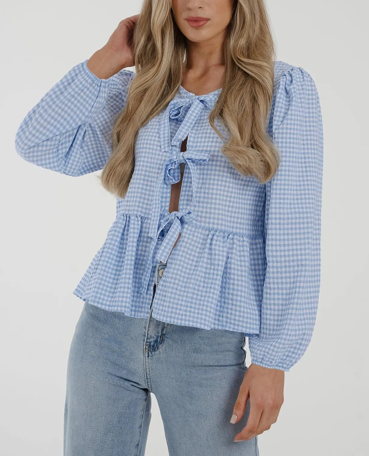 PRETTYGARDEN Women's Spring Fall Babydoll Peplum Blouse Shirt Puff Long Sleeve Bow Tie Front Trendy Cute Y2K Going Out Tops