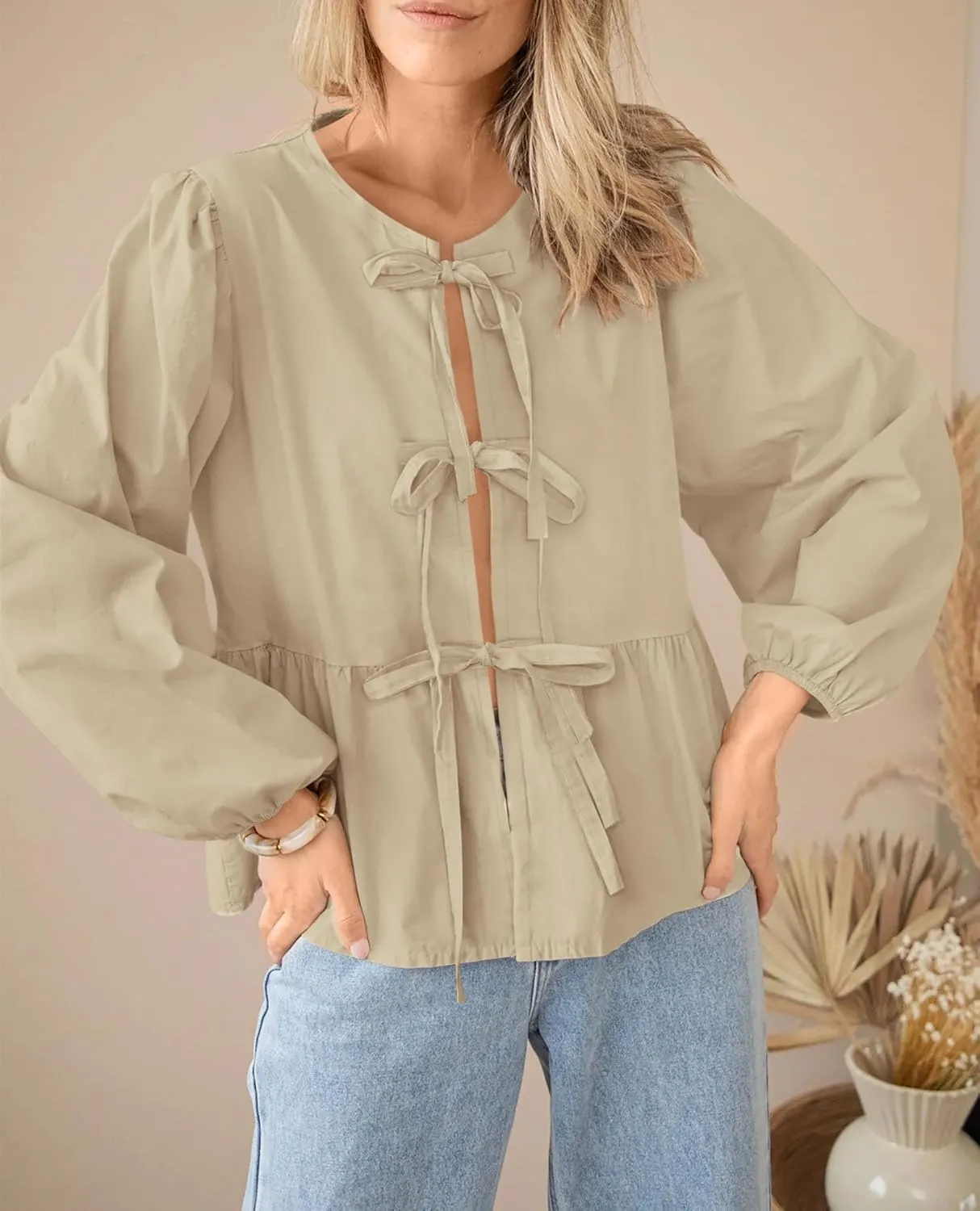 PRETTYGARDEN Women's Spring Fall Babydoll Peplum Blouse Shirt Puff Long Sleeve Bow Tie Front Trendy Cute Y2K Going Out Tops